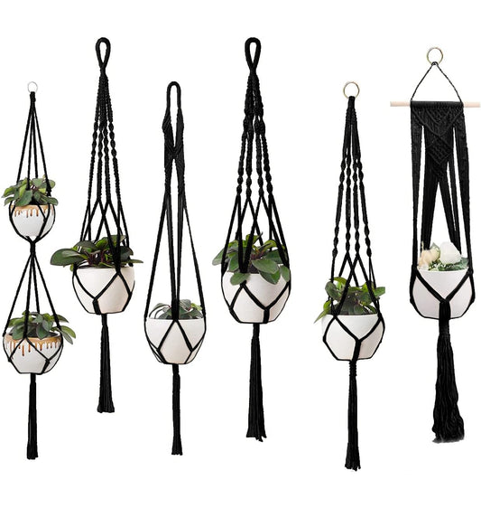 Feedee Macrame Plant Hangers - 6 Pack, Black, Indoor/Outdoor, Cotton