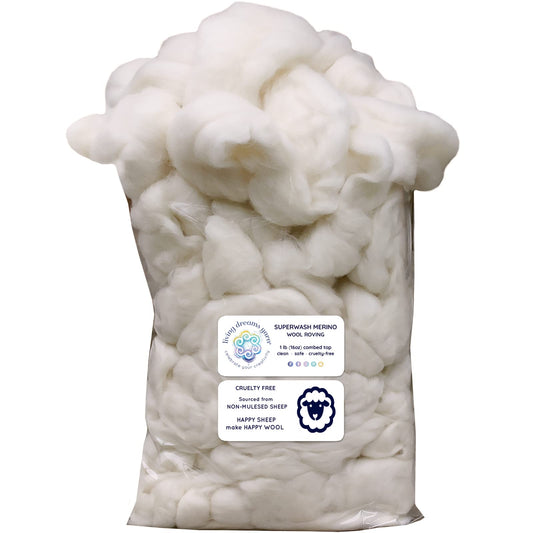 SUPERWASH MERINO Wool Roving. Ethically & Responsibly Sourced Fiber for Spinning, Blending, Filling and Stuffing - 1 LB Bag, Natural White Combed Top