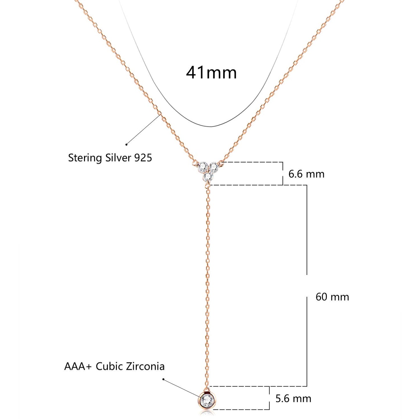 espere Womens Sterling Silver Dainty CZ Lariat Necklace Triple CZ Cluster Y-Shaped Necklace 18K Rose Gold Plated
