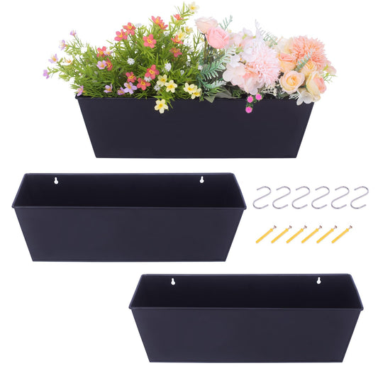 Holensun Wall Hanging Planters for Outdoor Plants 16 Inch Large Metal Fence Pots with Hooks for Outside Garden Balcony Plants 3PCS（Black）
