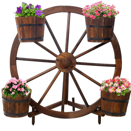 CWKISS Rustic Wooden Wagon Wheel Barrel Planter – Fir Wood Outdoor & Indoor Garden Cart Planter with 4 Metal-Banded Barrels, Decorative Flower Display for Patio, Porch, Yard, or Home