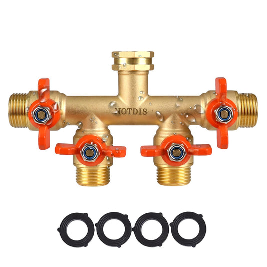 4 Way Brass Hose Splitter Full Flow with Metal Handle - Heavy Duty Spigot Splitter with Shut Off Valve, 3/4" GHT Garden Tap Connector