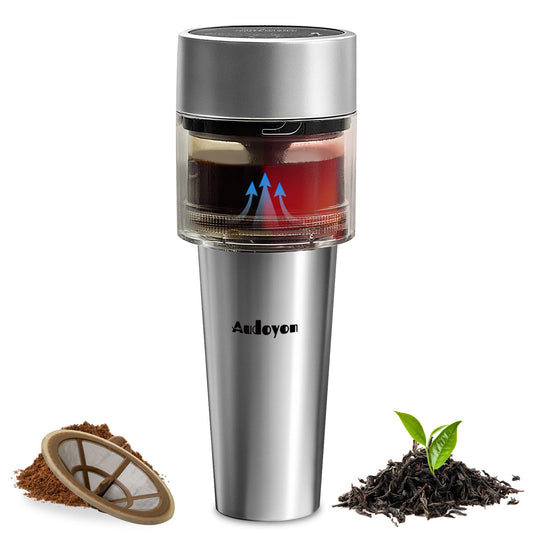 Audoyon Portable Rapid Coffee Maker – 2-6 Min Quick Brew Electric Coffee & Tea Infuser Makes Smooth, Low-Acid Coffee, 16oz Stainless Steel Travel Cup for Camping, Office, Hiking, Beach, Hotel, RV