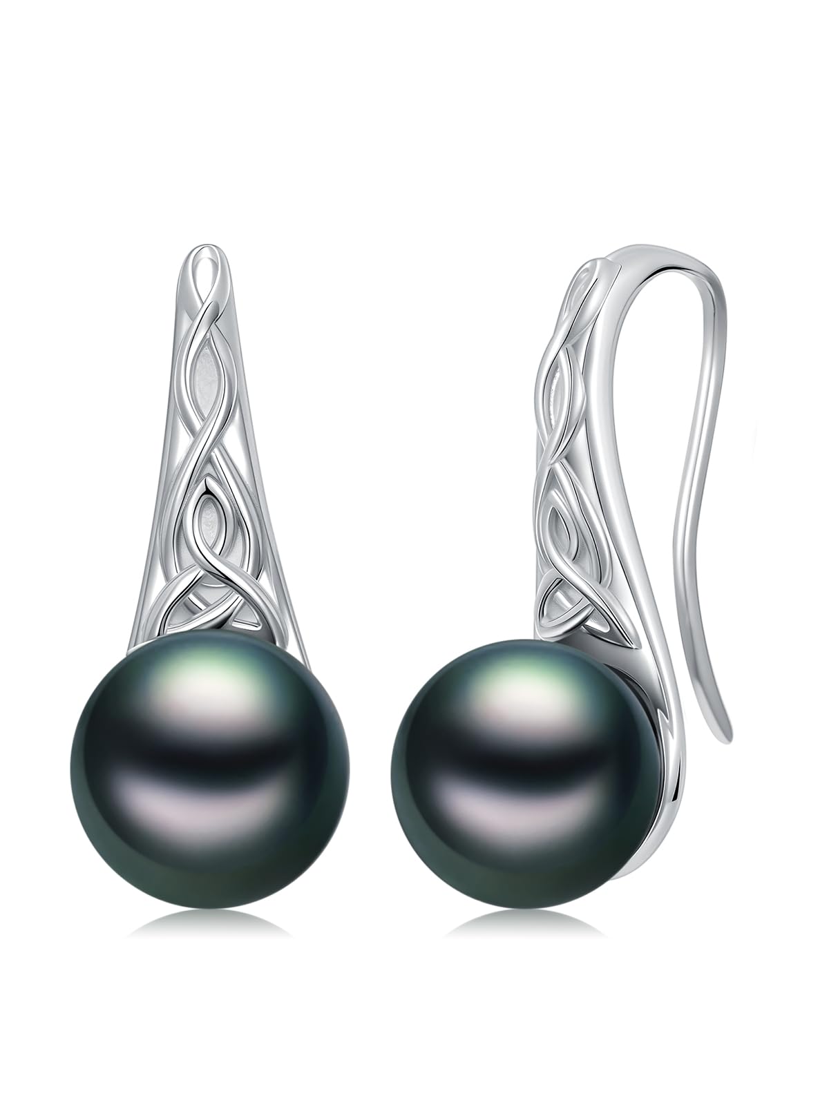 Tahitian Black Pearl Earrings 18K White Gold Plated 925 Sterling Silver Celtic Knot Earrings AAA+ Handpicked Pearl Jewelry Gifts Drop Dangle Earrings for Wife Women Birthday Wedding Anniversary