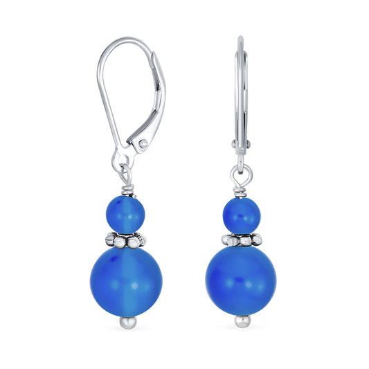 Bling Jewelry Bali Style .925 Sterling Silver Blue Agate Bead 3MM & 8mm Balls Drop Earrings Milgrain Rondel Separator Lever Back Genuine Gemstone