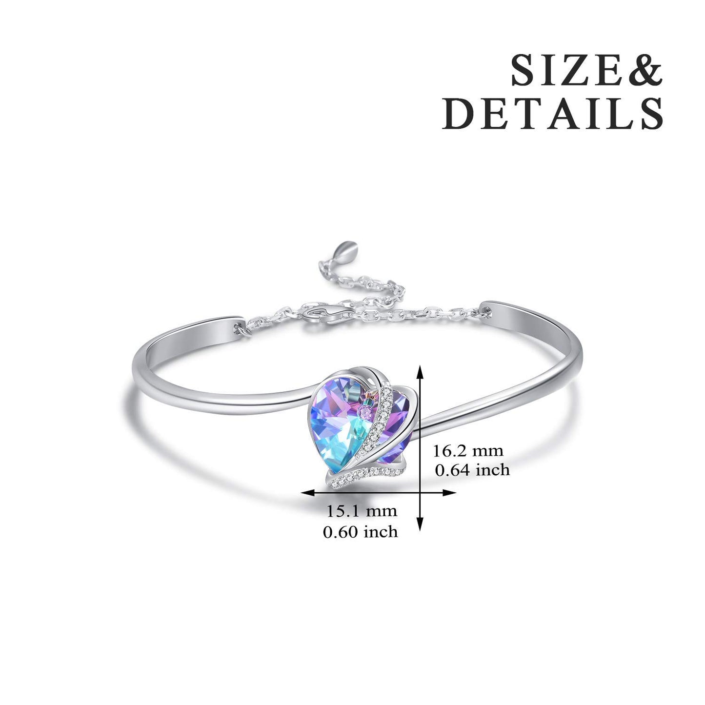 AOBOCO Love Heart Bangle Bracelet Sterling Silver Women Bracelet Embellished with Blue-purple Crystals from Austria, Fine Anniversary Birthday I Love You Jewelry Gifts for Wife Girlfriend Daughter