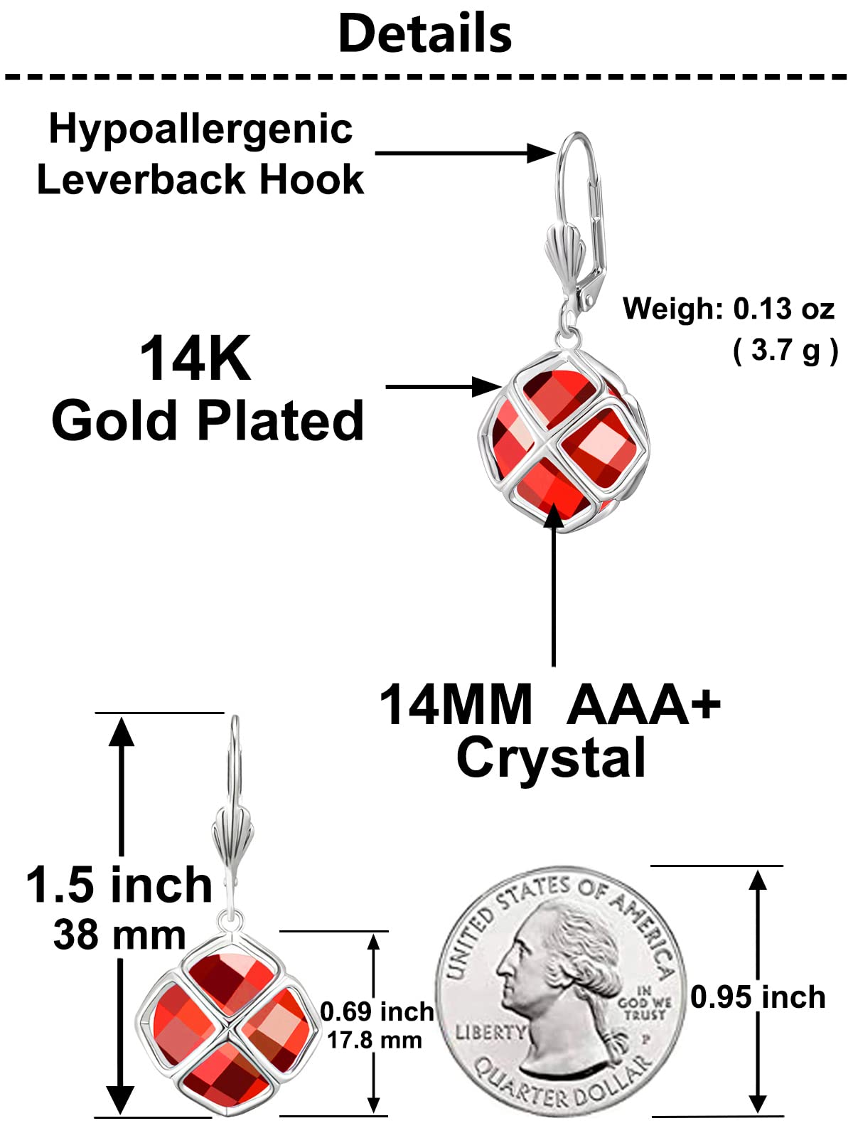 Big Red Crystal Dangle Earrings for Women (Jul-Ruby-White Gold)