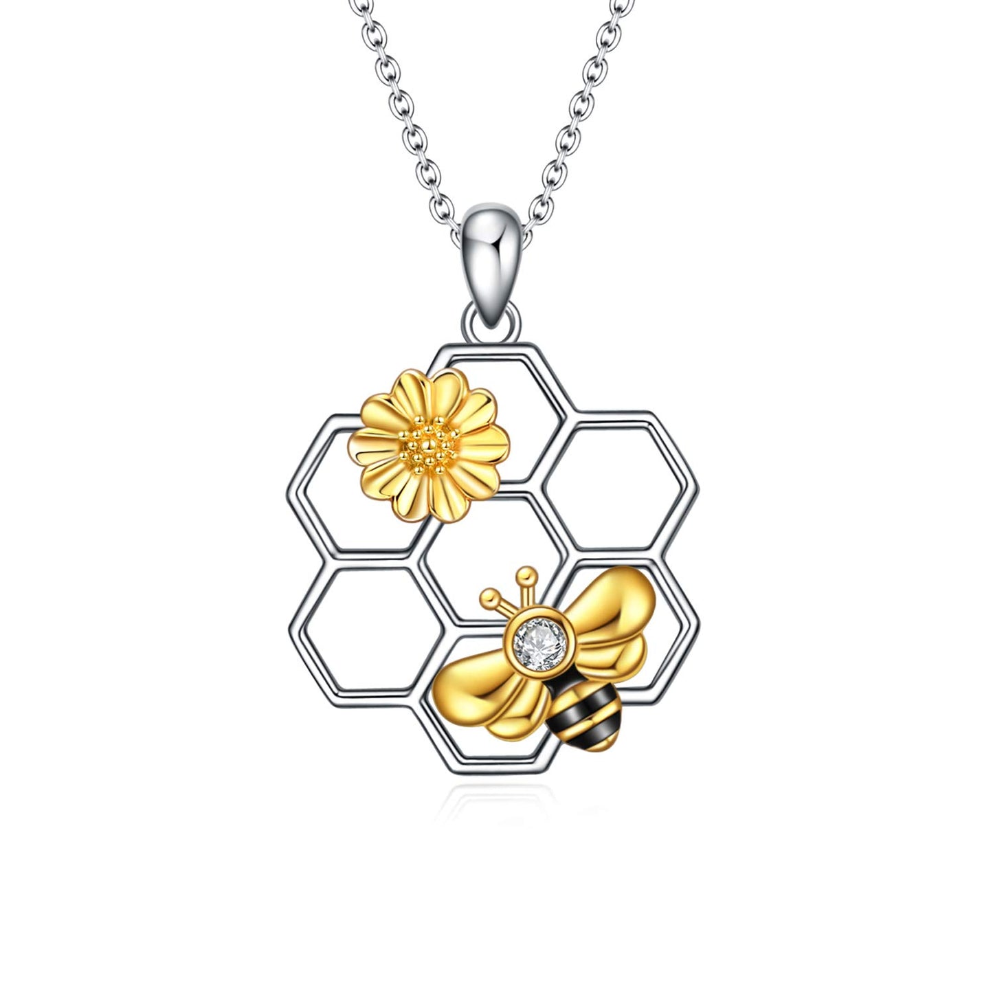 LUHE Bee Necklace 925 Sterling Silver Bumblebee Necklace Honeycomb Cute Flower Pendant Jewelry for Women Christmas Gifts for Her