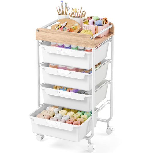 Rolling Craft Storage Cart with 4 Drawers,Utility Cart with Drawers,Art Craft Organizers and Storage,Kids Craft Cart,Kids Art Cart With DIY Lable and Wooden Tabletop Area,White