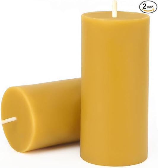 Natural Beeswax Candles Pillar, 2 Packs, 70 Hours Burn Time, 100% Pure Beeswax Candles for Home Deco, Smokeless & Dripless Bees Wax Candle for Relax, Prayer, Air Purification, 2x4 inch