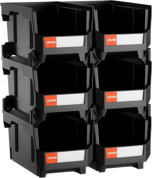 VEVOR Stackable Plastic Storage Bins - 6 Pack, 14.8 x 8.5 x 7.1 Inch, Ideal for Organizing Closet, Garage & Office Supplies - Black