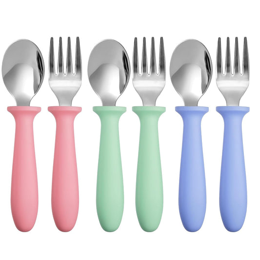 Pimoys Toddler Utensils Set - 6-Piece Stainless Steel Forks & Spoons with Plastic Handles | Dishwasher Safe