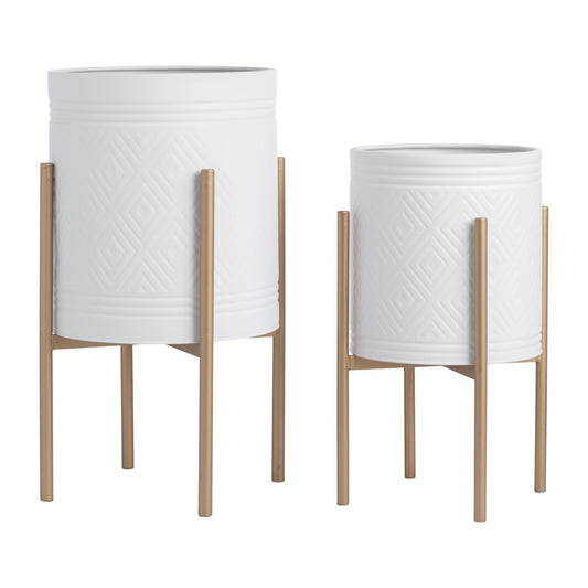 Decorative Flower Pots with Metal Stand for Home Decor - Modern Planters for Hallway, Entryway, and Living Room Decor - Indoor and Outdoor Pots for Plants - Set of 2, 23", 19", White & Gold