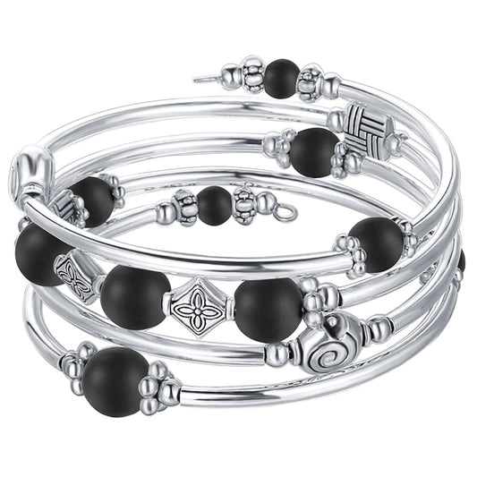 Beaded Pearl Bangle Wrap Bracelet - Fashion Bohemian Jewelry Multilayer Charm Bracelet with Thick Silver Metal Beads, Gift For Women(Matte Black)