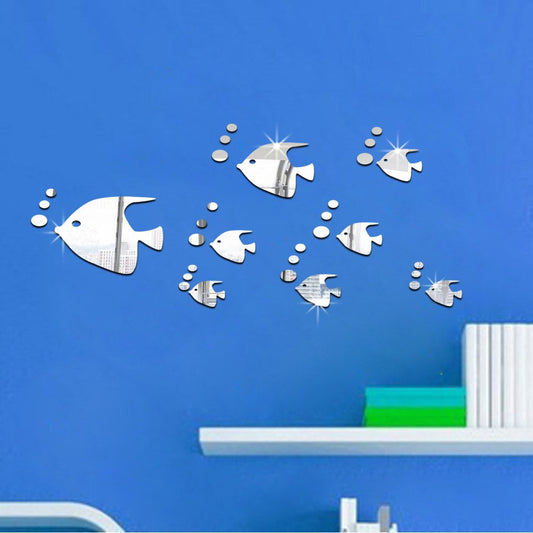 13Pcs DIY Tropical Fish 3D Mirror Wall Sticker Removable Acrylic Wall Decals Home Decor (Silver)