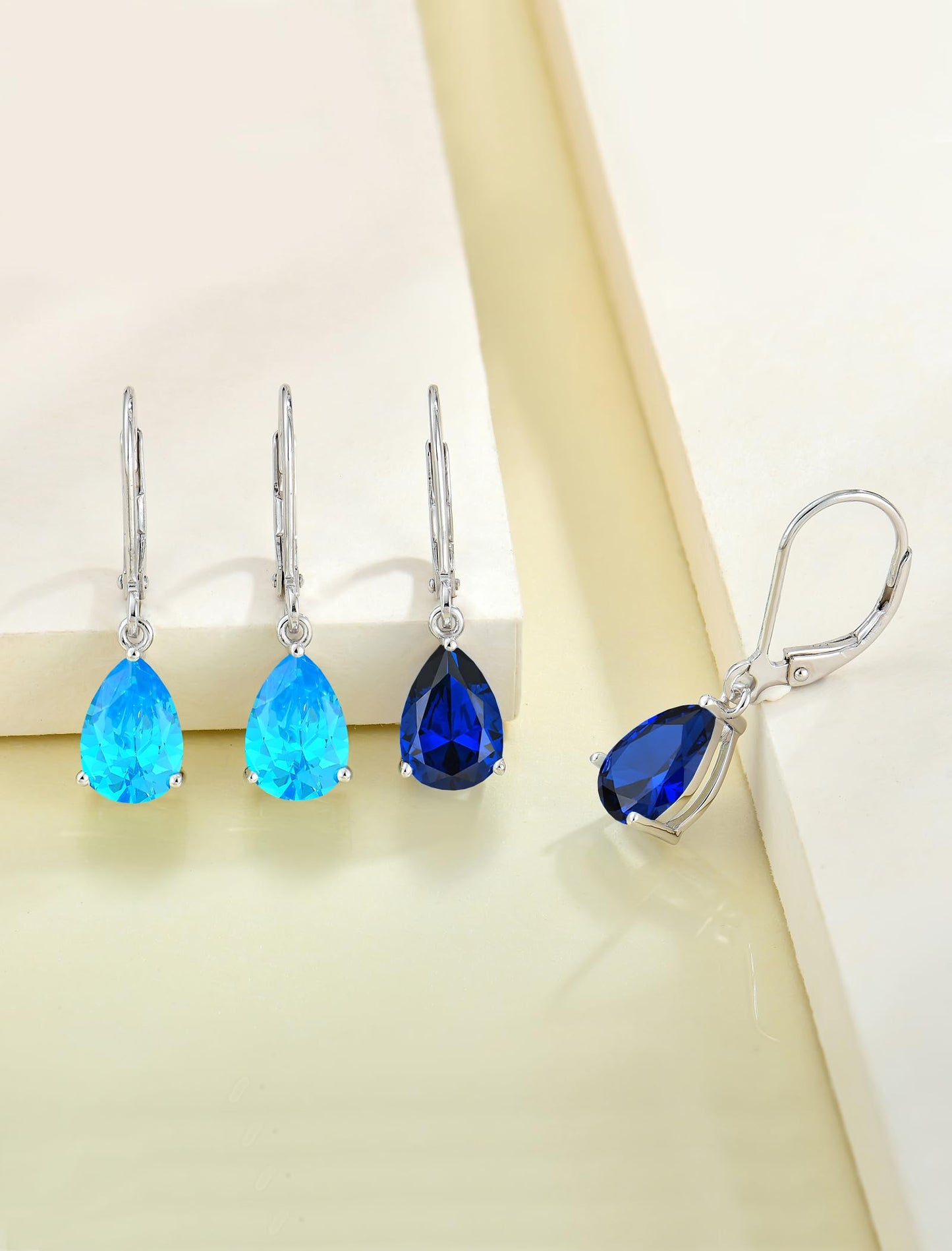 YL 925 Sterling Silver Teardrop Dangle Drop Earrings for Women 7x10 MM Solitaire Created Sapphire Leverback Jewelry