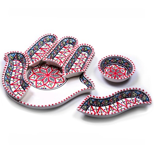 Kamsah Hamsa Serving Platter – 7-Piece Hand-Painted Ceramic Colorful Serving Dishes for Snacks, Appetizers, Dips and More – Moroccon Decorative Platters for Celebrations, Parties and Events