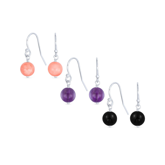 Bling Jewelry .925 Sterling Silver Black Onyx Quartz Pink Purple Amethyst Bead 8mm Dangle Ball Drop Earrings For Women French Fish Hook Wire (Set of 3) Genuine Gemstone