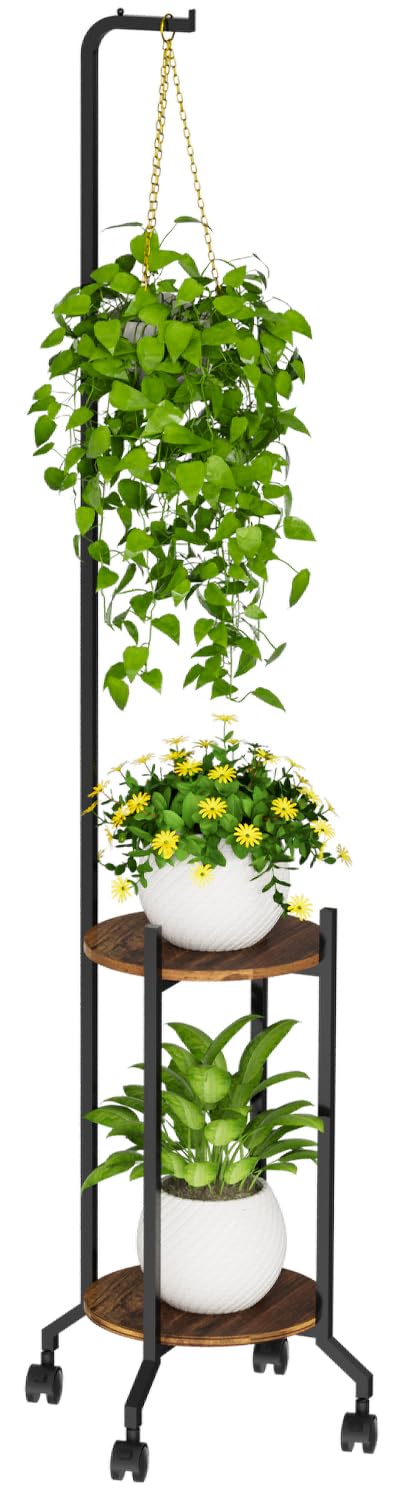 VyGrow Plant Stand Indoor, 2 Tier Hanging Tall Plant Shelf with Wheels, 3 Potted Corner Flower Stand Metal Plant Holder, Plant Shelves for Living Room, Bedroom, Patio, Outdoor, Black