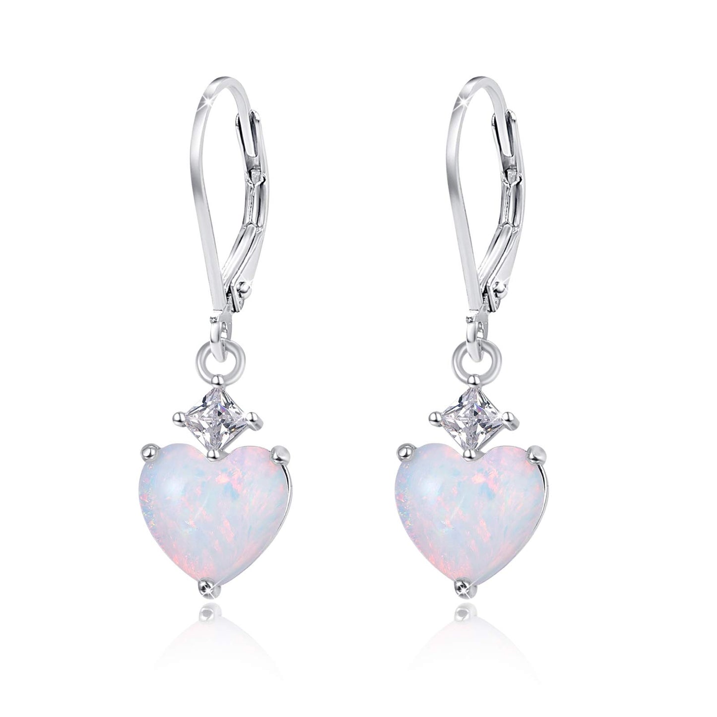 Opal Jewelry, Heart Shape Leverback Drop Dangly Earrings, 925 Sterling Silver Hypoallegenic for Sensitive Ears, Mother's Day for Women Girlfriend with Gift Box