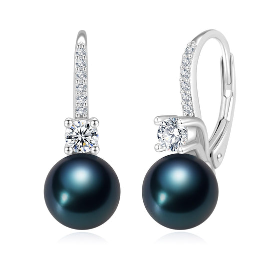 BAMIKI Black Pearl Drop Dangle Earrings 925 Sterling Silver Cubic Zirconia Leverback Earrings, 8MM Round Saltwater Cultured Pearls Jewelry Gifts for Women Wife Mother