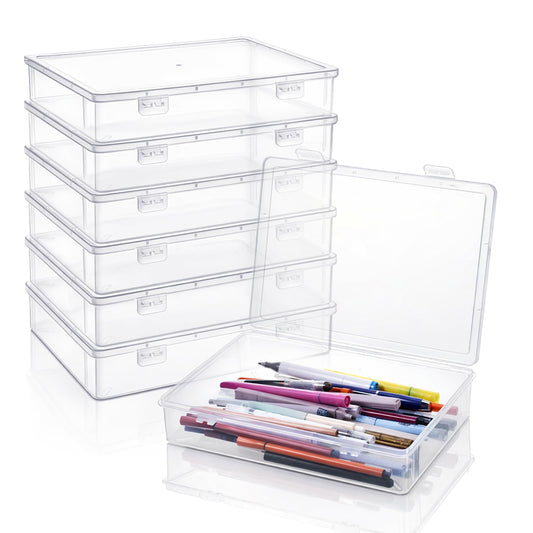 Oqqlin 6 Pcs Plastic Storage Boxes with Lids, 10.6x7.7x2 Inch Clear Rectangular Plastic Box Multipurpose Craft Organizers Small Storage Containers for Pencils, Beads, Craft Accessories, Small Items