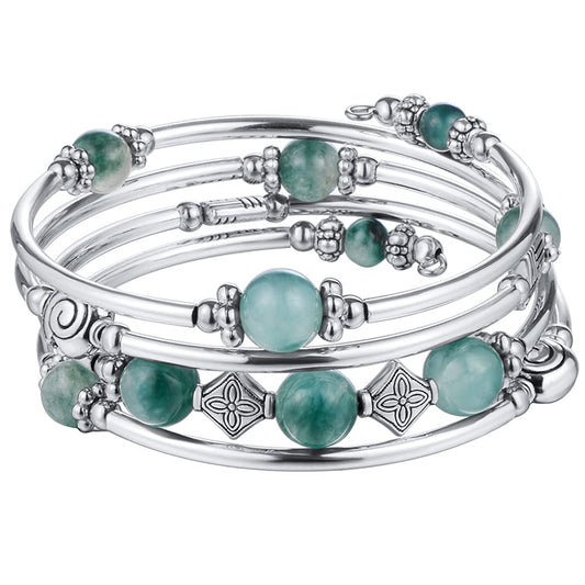 Beaded Pearl Bangle Wrap Bracelet - Fashion Bohemian Jewelry Multilayer Charm Bracelet with Thick Silver Metal Beads, Gift For Women(Jade Green)