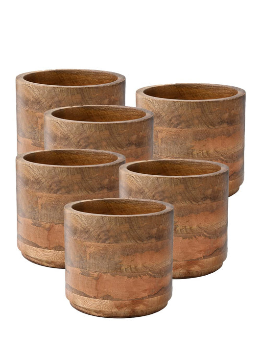 Serene Spaces Living Set of 6 Medium Mango Wood Cachepot, Natural Wooden Pot for Faux Flowers & Plants, Potted Indoor Plants, Home, Office, Restaurant Decor, Measures 6.5" Diameter & 6" Tall