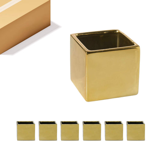 WGV Ceramic Cube Vase Bulk Width 5.5" Height 5" (Fits 5" Pot) Elegant Modern Block Square Floral Planter Terrarium Container Table Dresser for Event Accent Home Office Decor Gold 6 Pieces