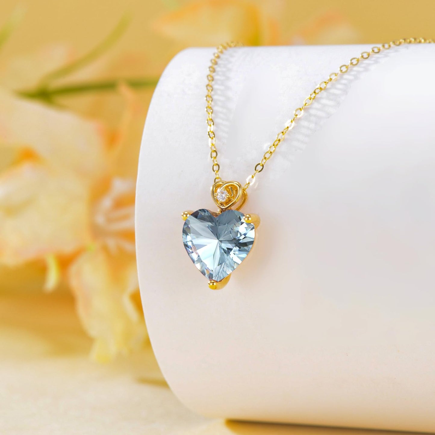 NFYBD 14k Gold Love Heart Aquamarine Birthstone Pendant Necklace for Women 3 Carat Heart-cut Created Gemstone Anniversary Birthday Mother's Day Necklaces for Her 16+1+1 inch-Mar