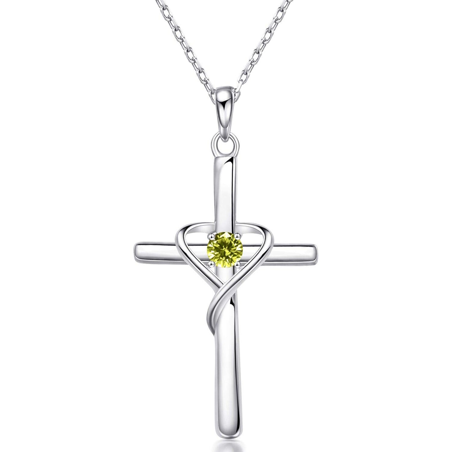 AmorAime 925 Sterling Silver Cross Necklace for Women Men 14K Gold Plated 5A CZ Birthstone Necklaces for Holiday (H.Green-August-Peridot)