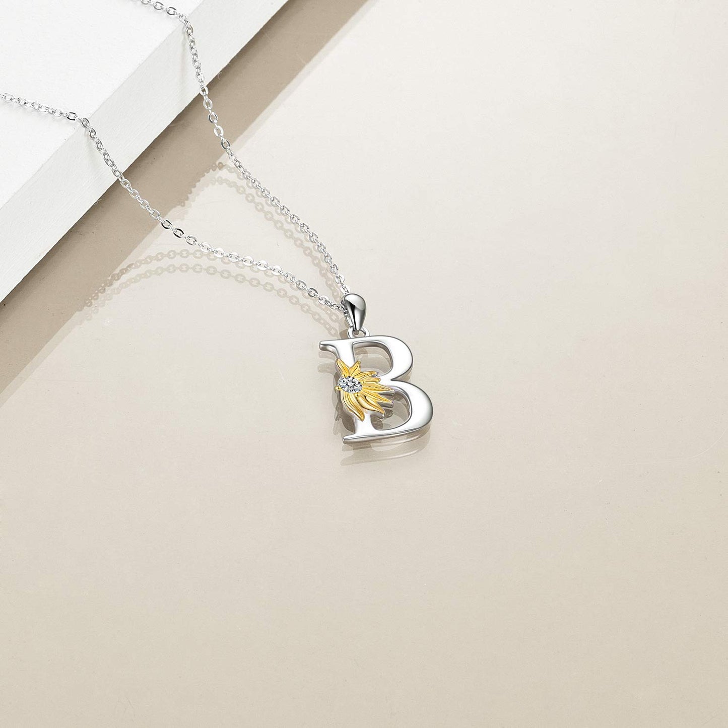 POPLYKE Sterling Silver Initial Alphabet Letter B Script Name Pendant Chain Necklace for Women for (Sunflower B)