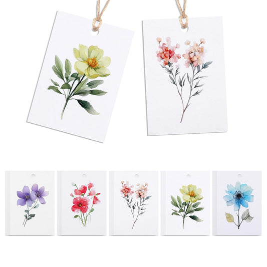 100 Set Floral Blank Gift Tags with String, 2×3 in Watercolor Floral Paper Tags Hanging Label, 5 Designs Bouquet White Paper Gift Wrapping Hang Tag for Bridal Wedding Baby Shower Birthday Party