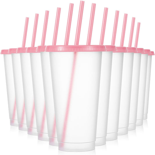 Mifoci 12 Pcs Plastic Tumbler with Lids and Straws Reusable Plastic Tumblers Bulk Mug Tumbler with Straw and Lid Tumbler Ice Cold Drinking Cup for Water Smoothie Birthday Party (Pink,24oz)
