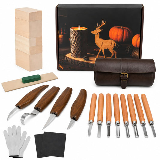 26Pcs Deluxe Wood Carving Kit, Whittling Knife Set with Leather Storage Case, Basswood Blocks & Safety Gloves, Woodworking Tools for Beginners Adults Kids, DIY Craft Gift for Men Teens