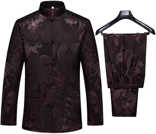 wecotton Tang Suit Men Hanfu Chinese Traditional Clothes Kung Fu Shirt Uniform Long Sleeved Coat Tops and Pants