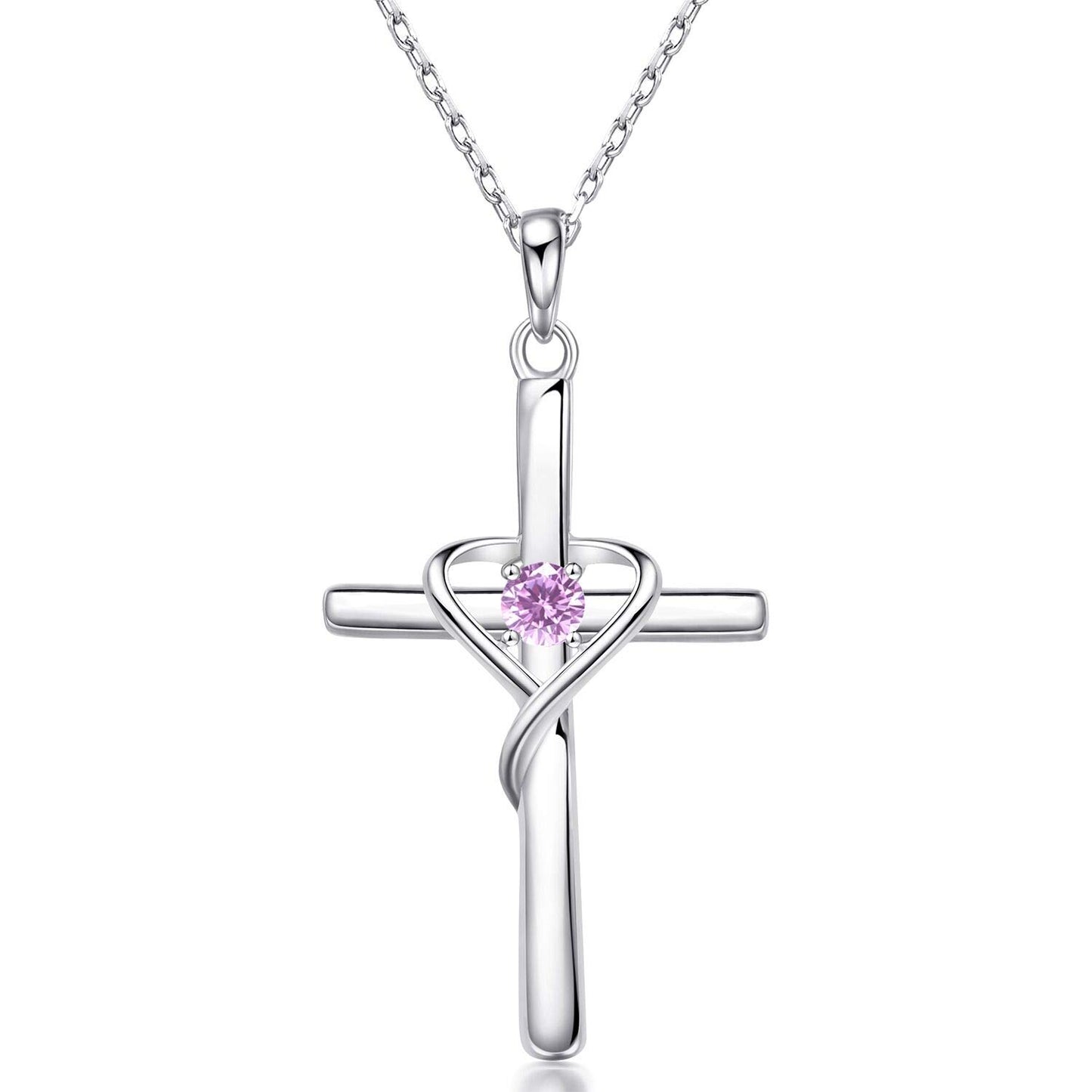 AmorAime 925 Sterling Silver Cross Necklace for Women Men 14K Gold Plated 5A CZ Birthstone Necklaces for Holiday (J.Pink-October-Tourmaline)