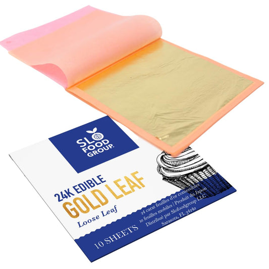 Slofoodgroup - 24 Karat Edible Gold Leaf Loose Sheets - 10 Sheets Gold Leaf Per Book - Gold Leaf Sheet Size 3.15in x 3.15in Loose Leaf Sheets - Edible Decoration, Crafting, Art and More
