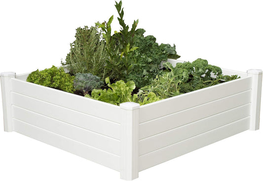 NuVue Products 26001 Premium Outdoor Raised Garden Bed for Growing Edible Plants and Flowers, BPA-Free Woodgrain Panel Elevated Planter Box, 48” L x 48” W x 15” H, White