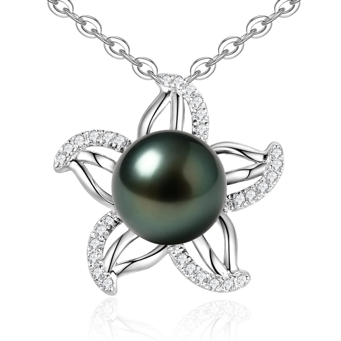 Tahitian Black Pearl Necklace for Women - Christmas Gift for Wife, Mom, Grandma, Jewelry Gifts for Wedding Anniversary Birthday, 9-10mm Seawater Pearl with Sterling Silver Moissanite Starfish Pendant