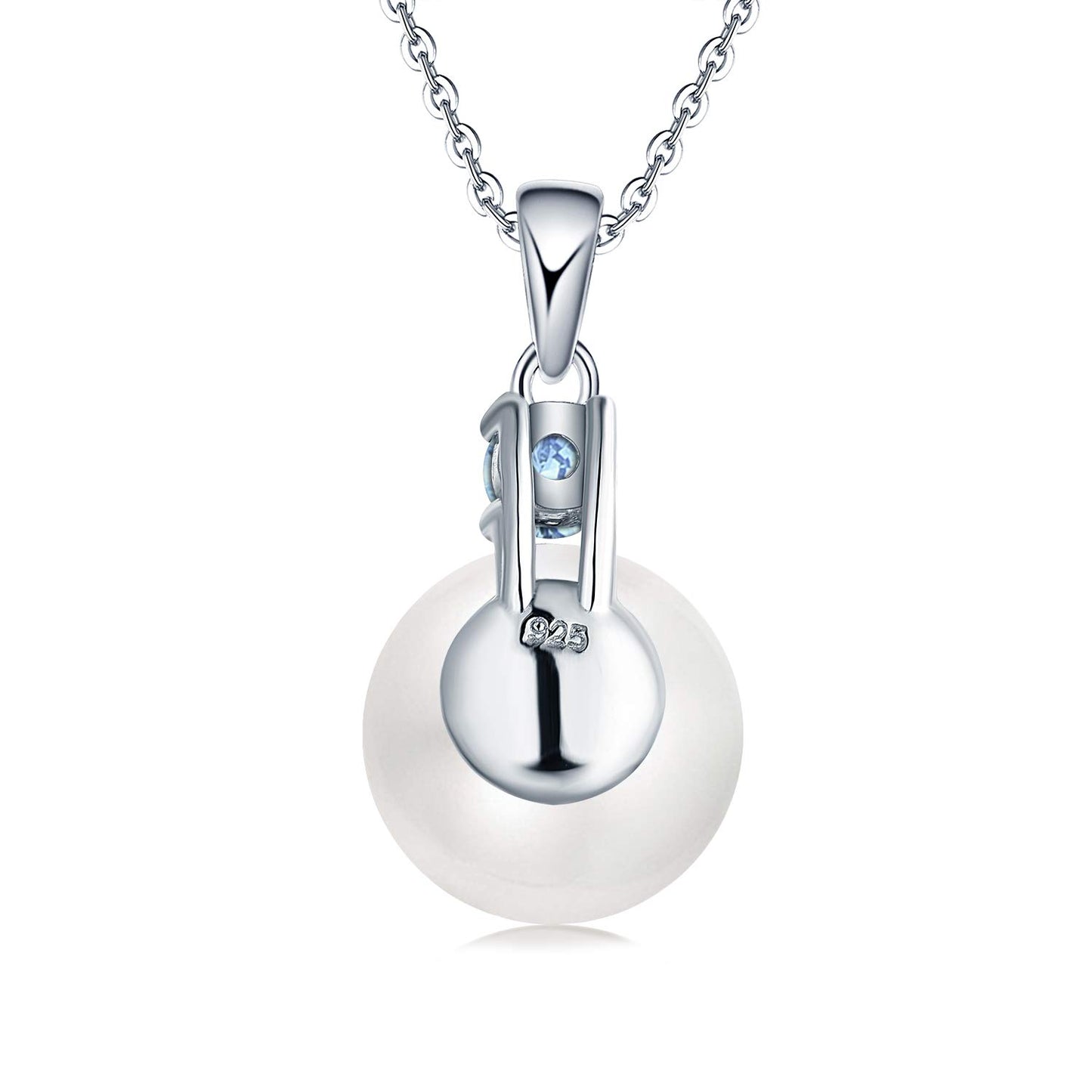 JO WISDOM Women Necklace,925 Sterling Silver Cubic Zirconia 10mm White Freshwater Pearl Pendant Necklace,March Birthstone Aquamarine Color