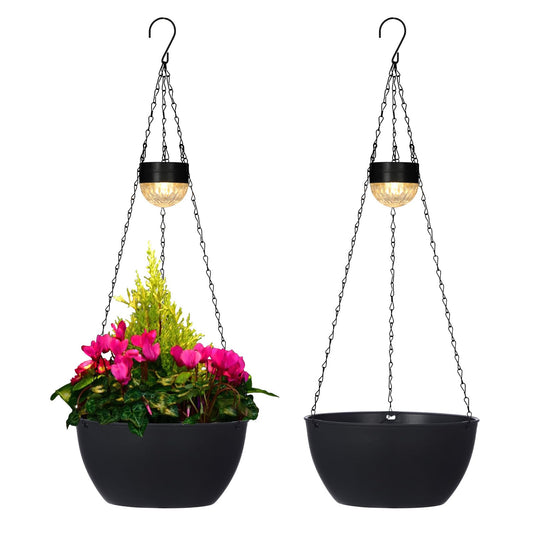 BAYN 2 Packs Solar Hanging Basket Planters for Plants Outdoor, Self Watering Black Flower Plants Pots with Solar Light Drainer for Balcony Patio Garden Outdoor Decoration