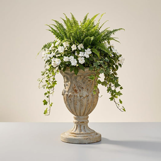 Shlinnuo 17 Inch Vintage Planter for Outdoor Plants, Embossed Design Durable and Sturdy Resin Fiber Flowerpots with Drainage Hole, Decorative Orchid Houseplant Pot Indoor Outdoor Plant Container