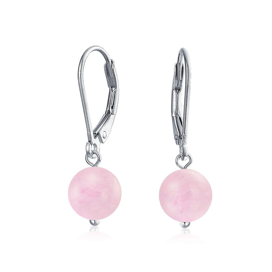 Bling Jewelry Timeless .925 Sterling Silver Pink Rose Quartz Bead 8mm Ball Drop Earrings Lever Back Genuine Gemstone October Birthstone