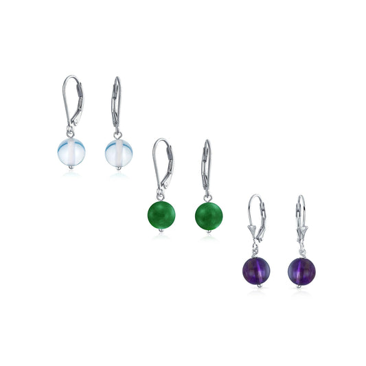 Bling Jewelry Timeless .925 Sterling Silver Purple Amethyst, Translucent Chalcedony & Green Aventurine Bead 8mm Ball Drop Earrings Secure Lever Back Genuine Gemstone (Set of 3)