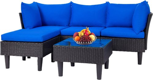 FDW Patio Furniture Set - 5-Piece Outdoor Sectional Sofa & Wicker Chairs with Blue Cushions | Perfect for Garden & Poolside