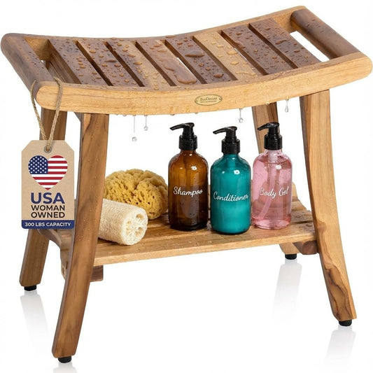 EcoDecors 24 Inch Harmony Natural Color Waterproof Teak Wood Shower Bench Stool Seat Chair For Inside Shower Storage Shelf Provides Safety, Storage, and Organization For Bathroom Accessories