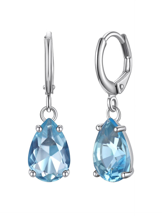 Bestyle Silver March Birthstone Dangle Earrings - Created Teardrop Aquamarine Crystal Drop Blue Earrings - Trendy Cute Women's Small Hoop CZ Dangle Earrings for Party Gowns