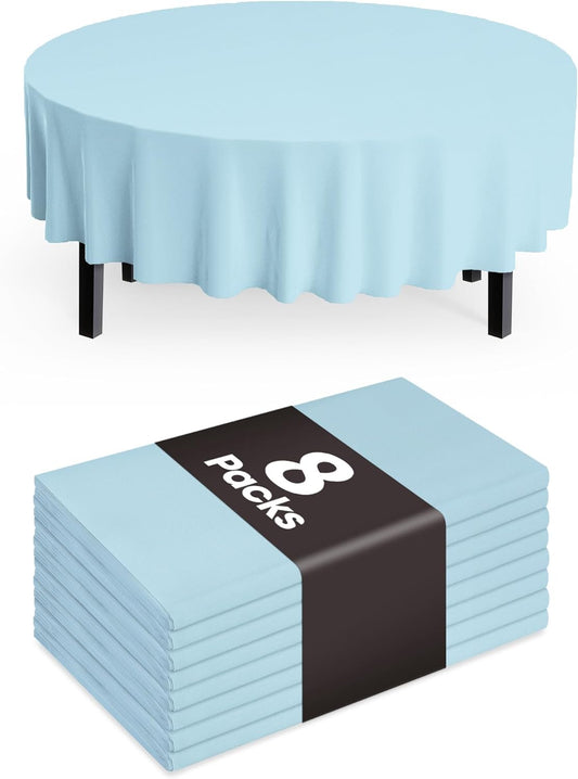 Pureegg Disposable Plastic Tablecloths - 84'' Round, Leakproof & Sturdy, Baby Blue | 8-Pack for Parties & Picnics