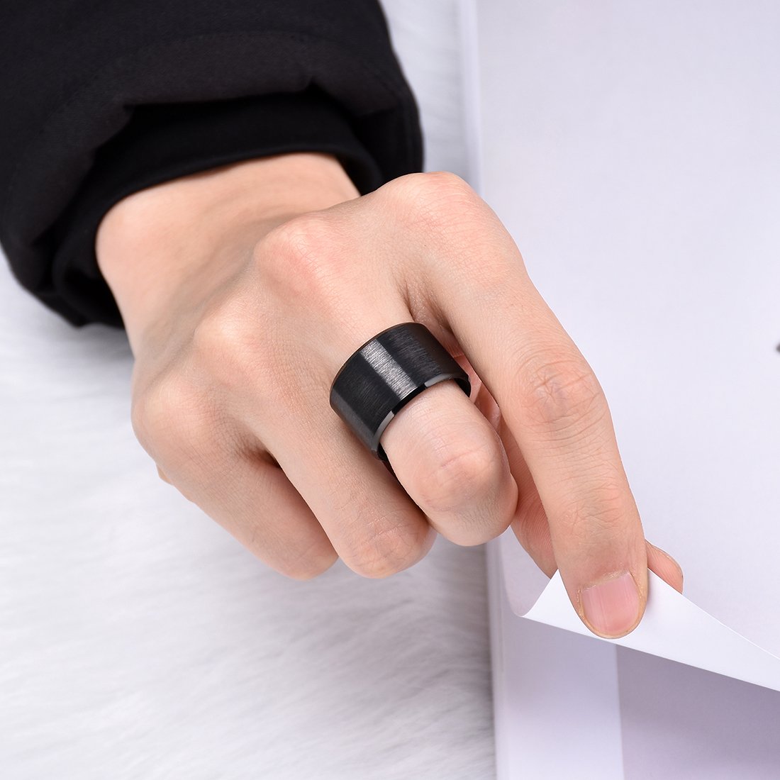 King Will Black-15mm Basic Wedding Ring For Men with Brushed Matte Surface Beveled Polished Edge Comfort Fit 9